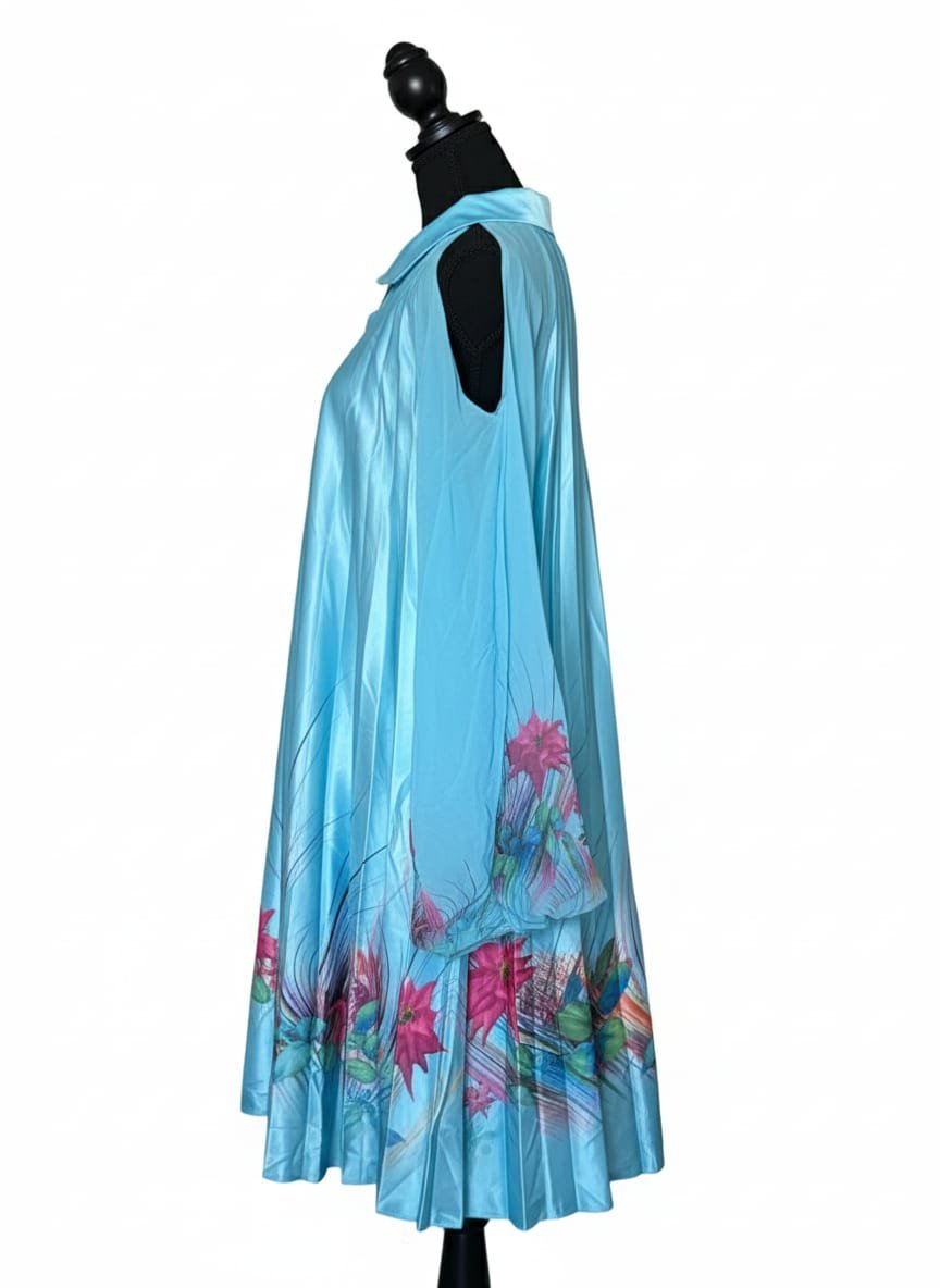 Sky-Blue Pleated Floral Swing Dress - Image 3