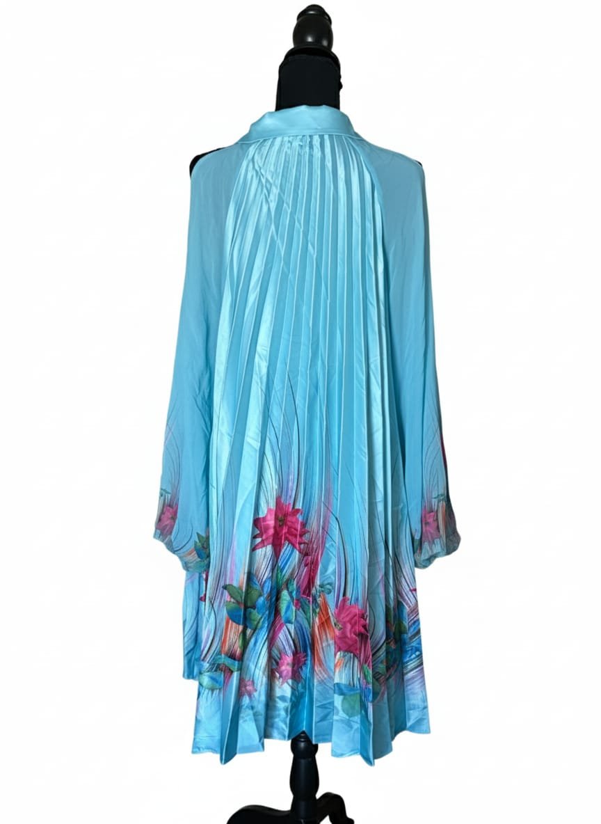 Sky-Blue Pleated Floral Swing Dress - Image 4