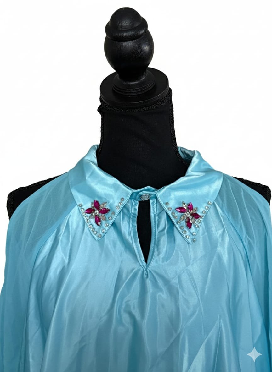 Sky-Blue Pleated Floral Swing Dress - Image 2