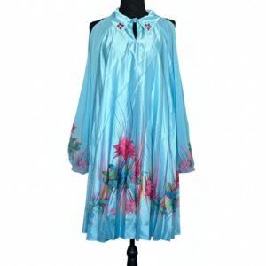 Sky-Blue Pleated Floral Swing Dress