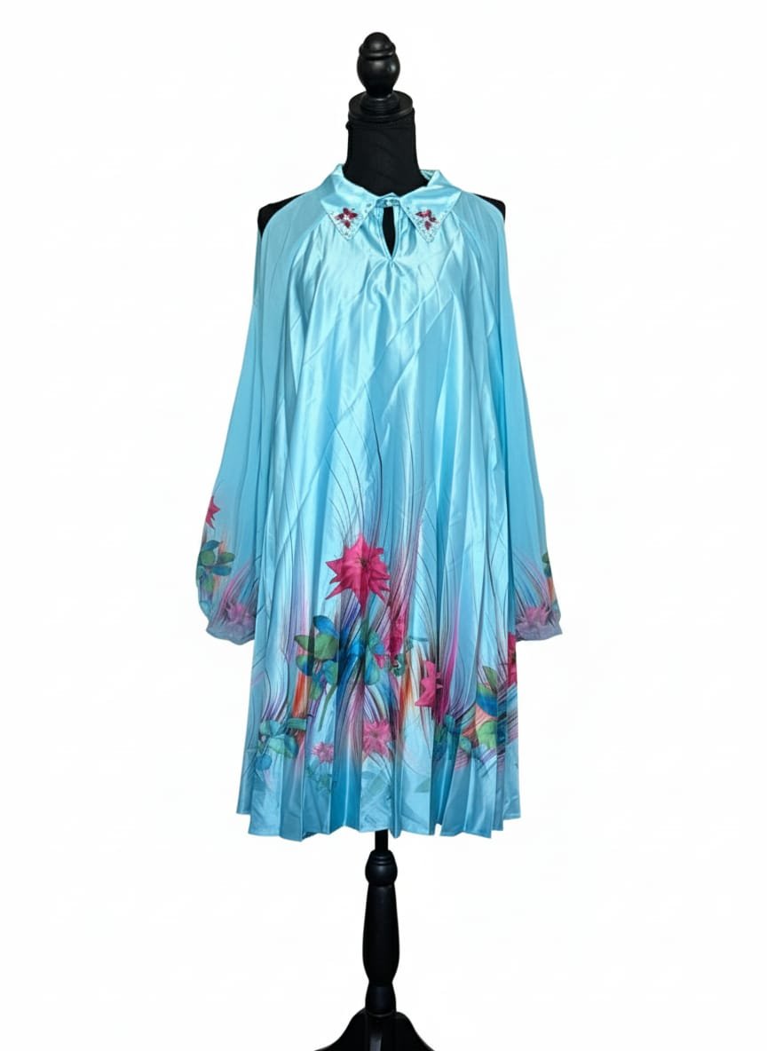 Sky-Blue Pleated Floral Swing Dress