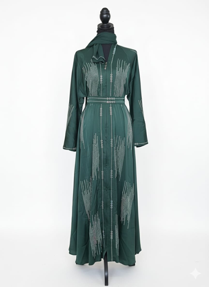 Deep Evergreen “Crystal Cascade” Abaya Set