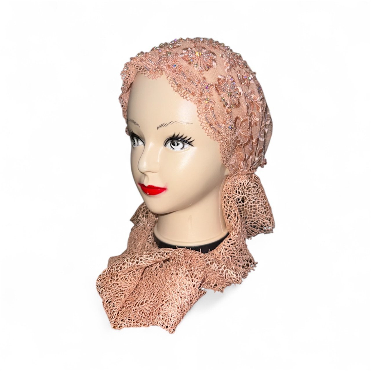 Embroidered Lace Tie-Back Turban - Soft Peach