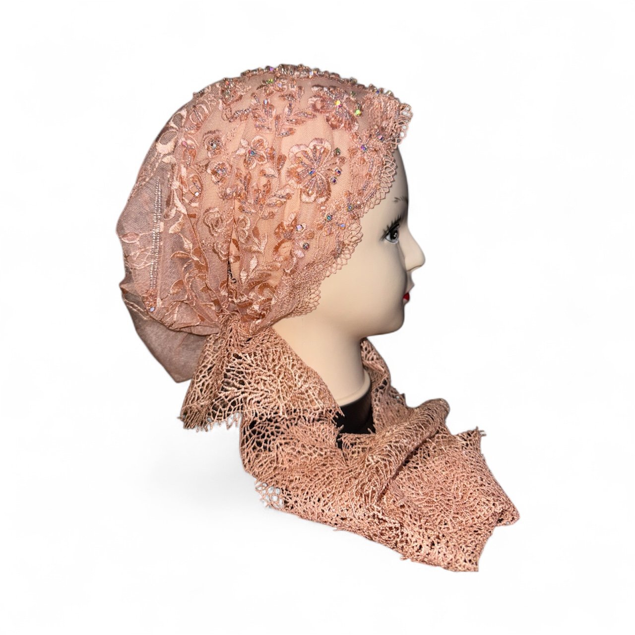 Embroidered Lace Tie-Back Turban - Soft Peach - Image 2