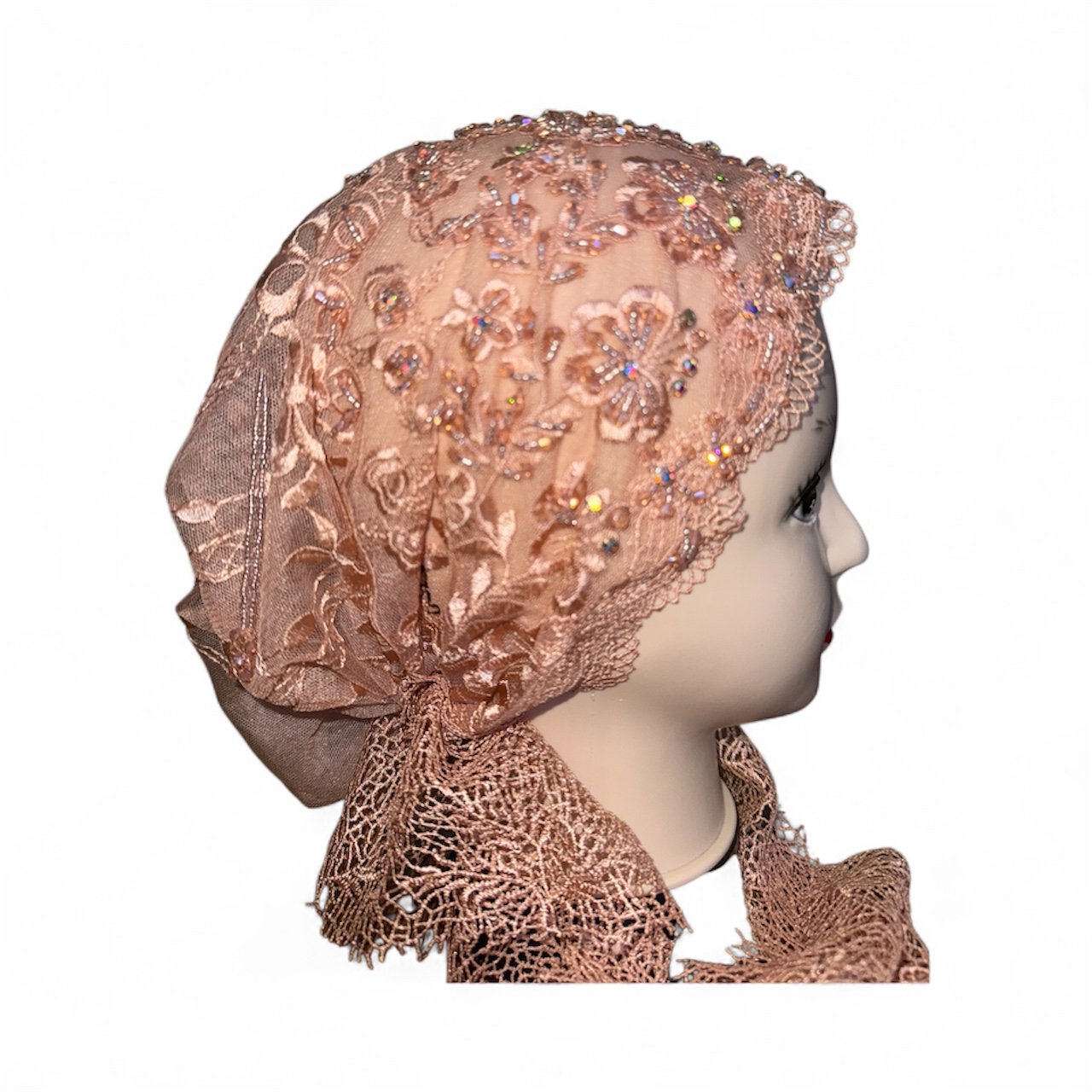 Embroidered Lace Tie-Back Turban - Soft Peach - Image 5