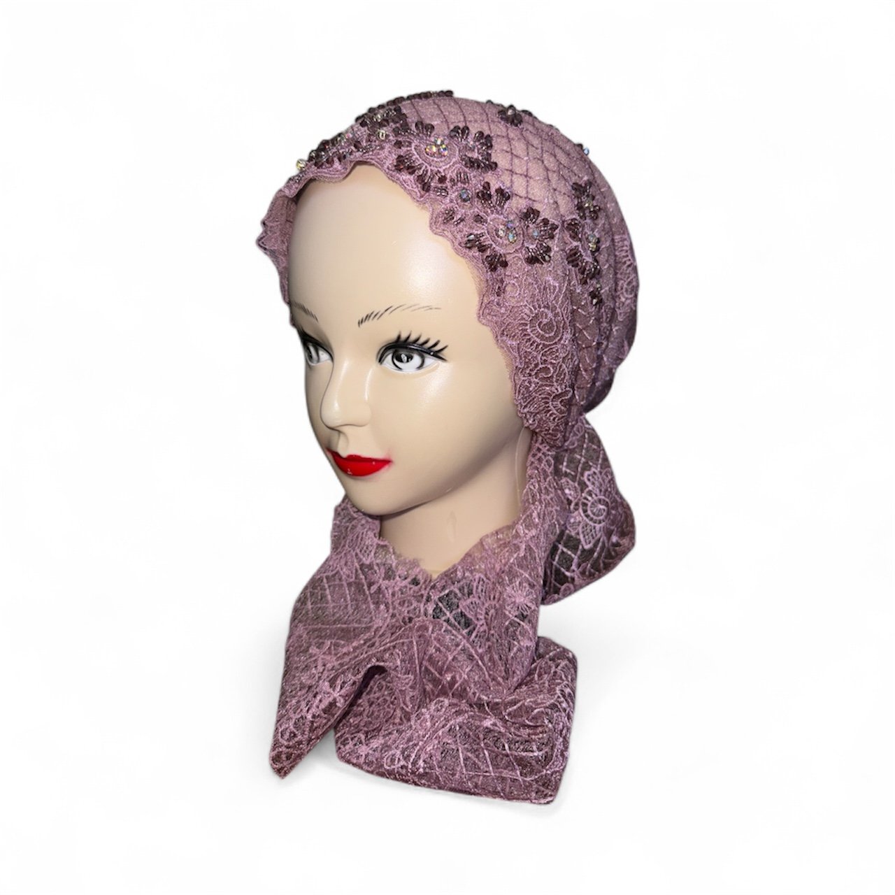 Hand-Embellished Lace Tie-Back Turban – Dusty Rose