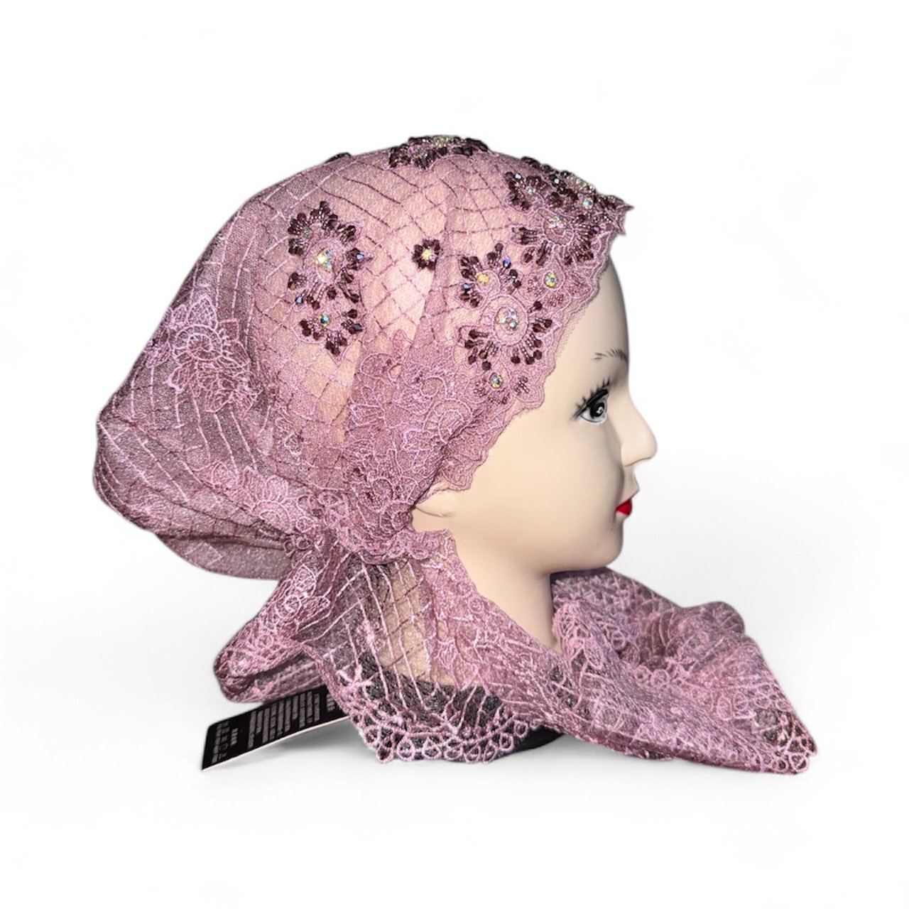 Hand-Embellished Lace Tie-Back Turban – Dusty Rose - Image 2