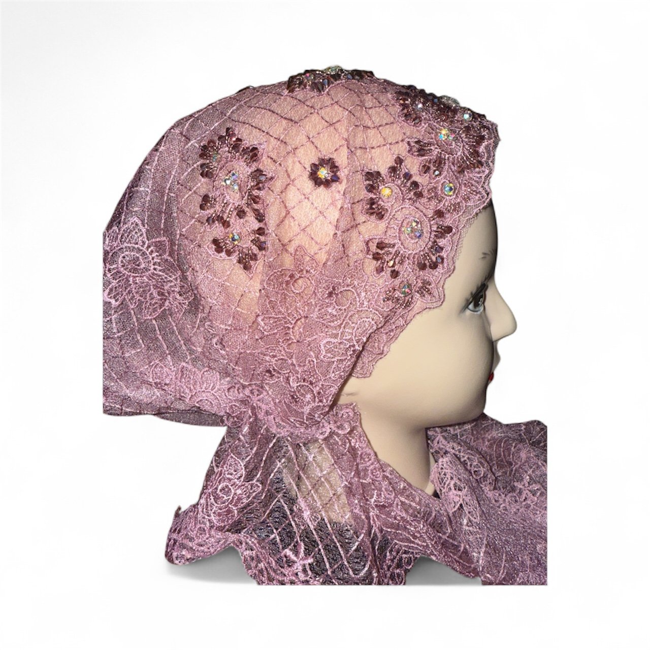 Hand-Embellished Lace Tie-Back Turban – Dusty Rose - Image 4